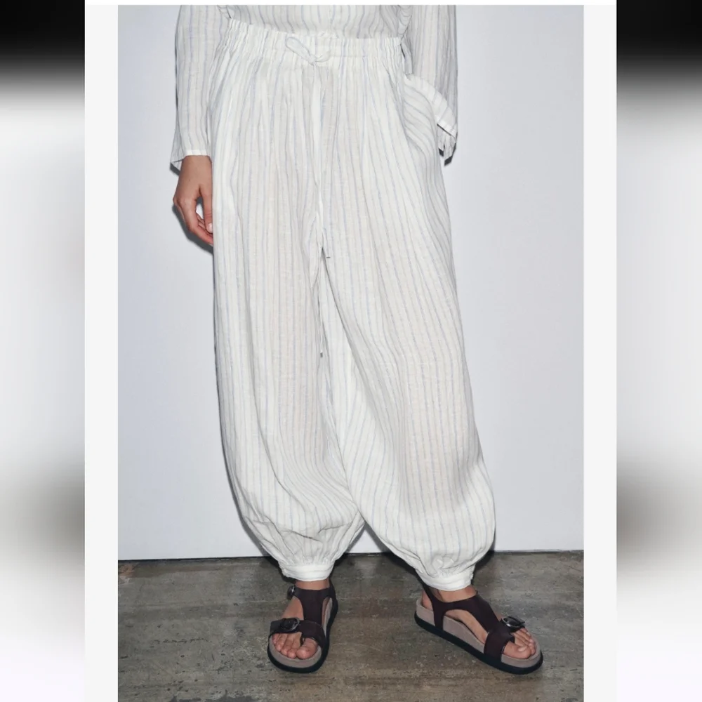 Zara Striped Balloon Pants Linen Fabric Size M-L - Picture 2 of 10